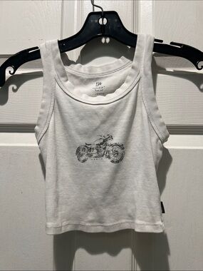 5Star White Crop Tank with Black Motorcycle Graphic